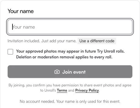 Public Try Unroll consent notice above the disabled Join event button, with an empty name field