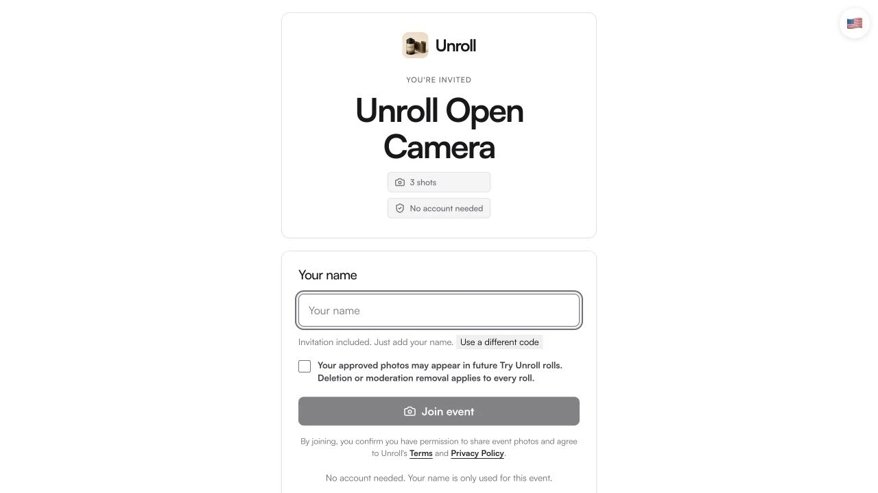 Public Unroll Open Camera invitation showing three shots, no account needed, and an empty name field