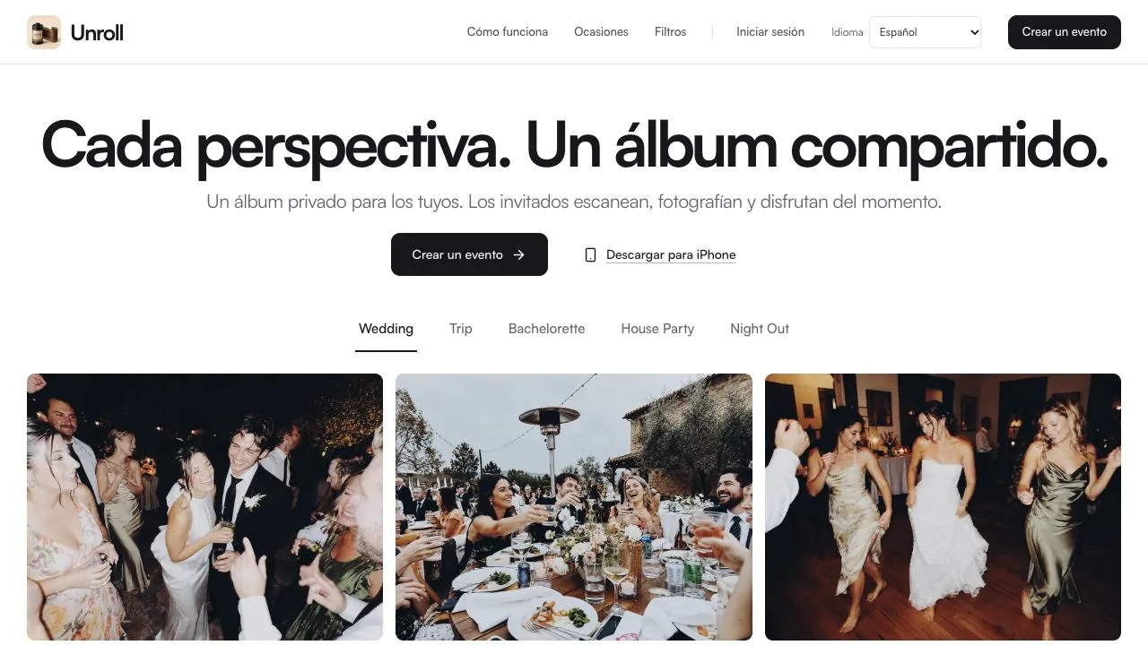 Unroll website with Español selected in the top language selector, a Spanish welcome heading and Crear un evento button
