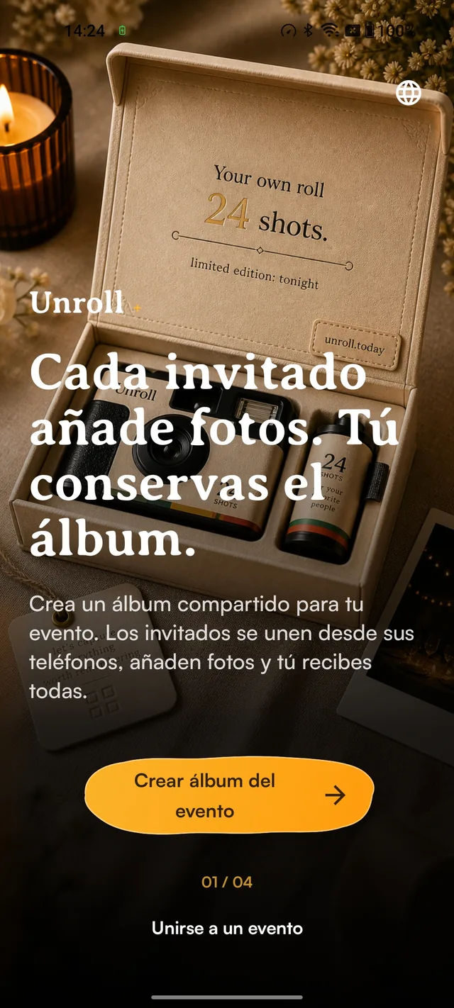 Unroll Android onboarding in Spanish with Crear álbum del evento and Unirse a un evento actions