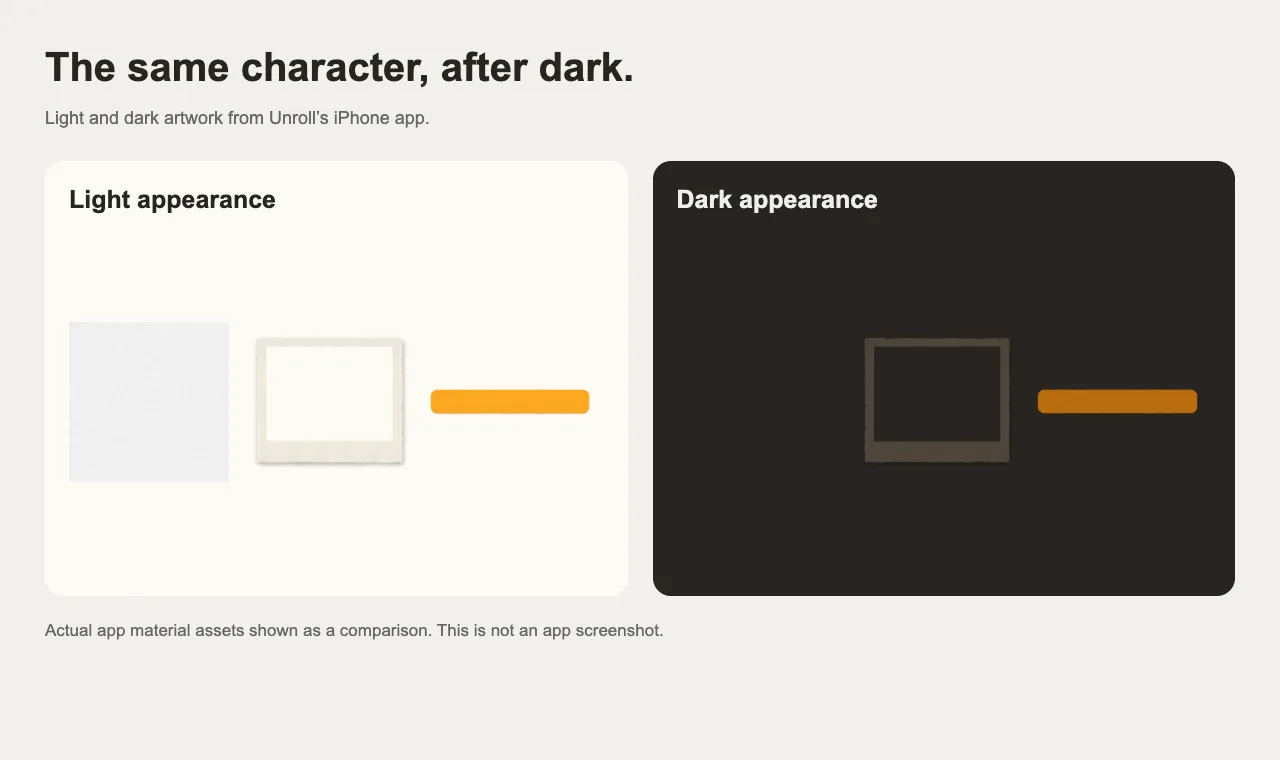 Comparison of actual light and dark paper, photo-frame and button artwork from the Unroll iPhone app