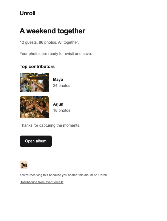 Fictional Unroll host recap showing Maya and Arjun, their photo counts and an illustrative photo from each