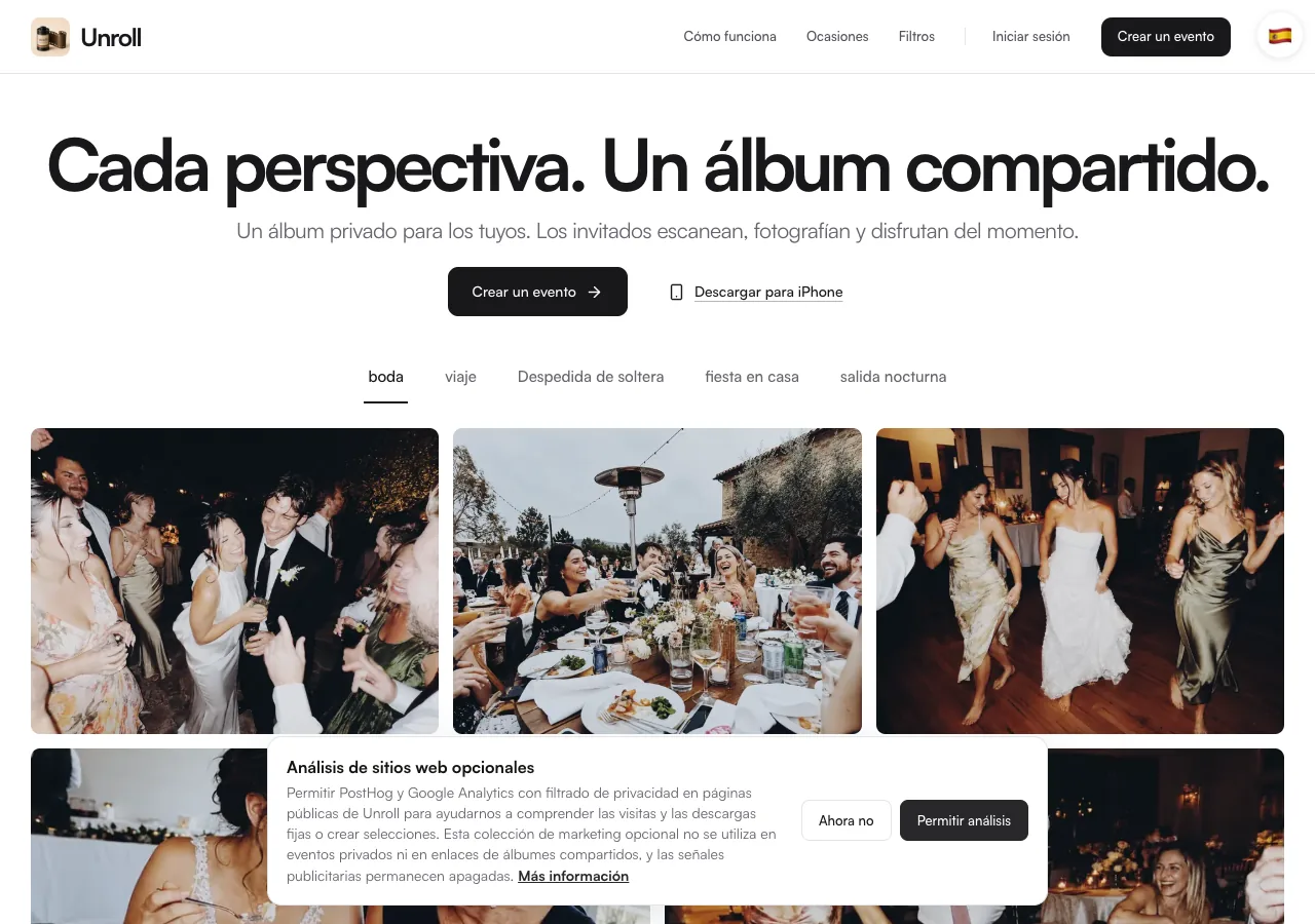 Public Unroll homepage in Spanish, showing translated navigation, welcome text and occasion labels