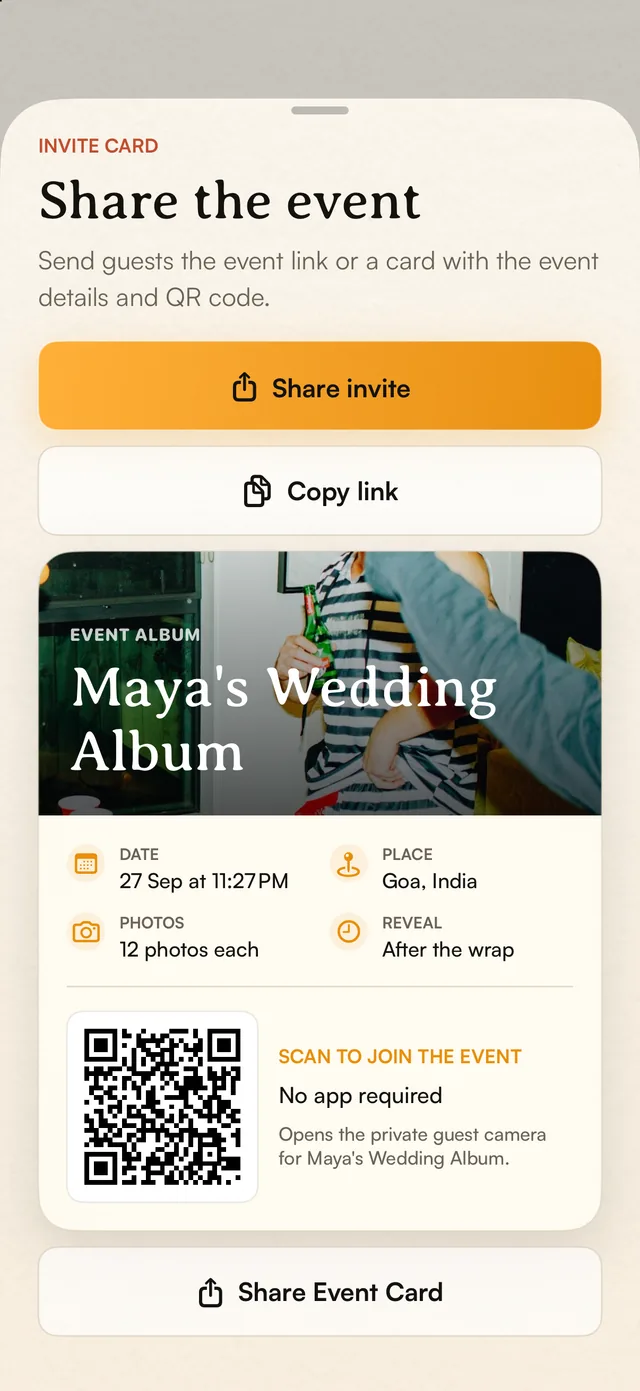 Unroll iOS sample event showing Share invite, Copy link, an invitation card and its QR code